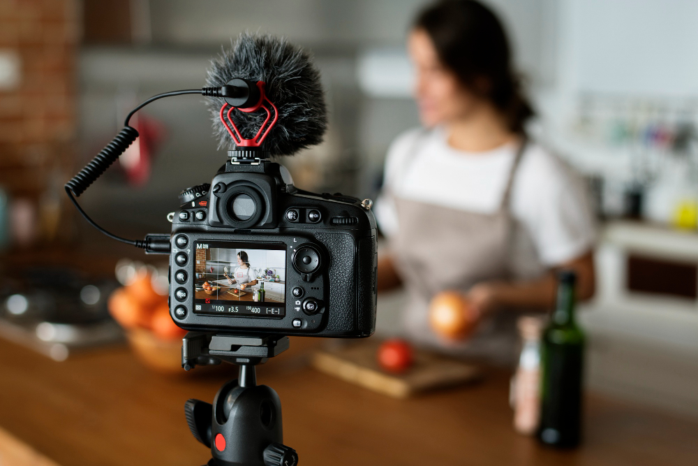 female-vlogger-recording-cooking-related-broadcast-at-home
